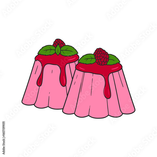 Two pink panna cotta desserts with raspberry sauce and mint garnish.