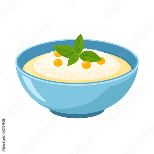 Creamy porridge in a blue ceramic bowl, topped with fresh basil and small yellow berries.