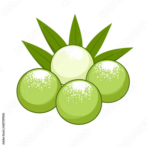 Glossy green and white spherical mochi desserts with leaves and powdered sugar topping.