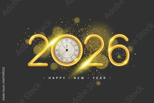 2026 Happy New Year banner with Realistic Sparkler numbers and falling glitter. Vector illustration in 3D style