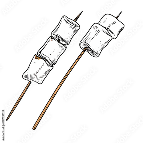 Toasted and raw marshmallows on wooden skewers, a hand-drawn ink line art illustration.