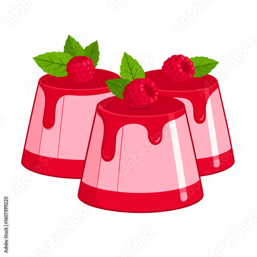 Trio of pink raspberry panna cotta desserts with dripping red sauce and fresh mint garnish.