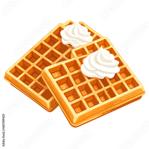 Two golden brown Belgian waffles stacked and topped with dollops of fluffy white whipped cream, illustrated style.