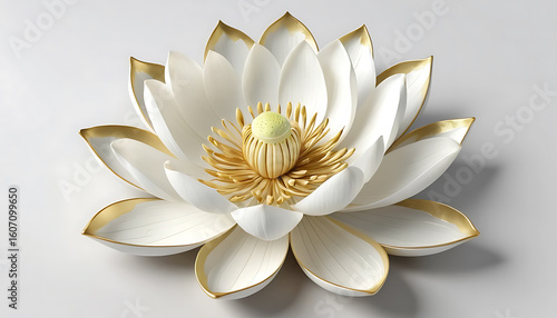 Elegant White Lotus Flower with Gold Edges on Light Gray Background