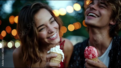 A couple laughing while sharing ice cream in a park