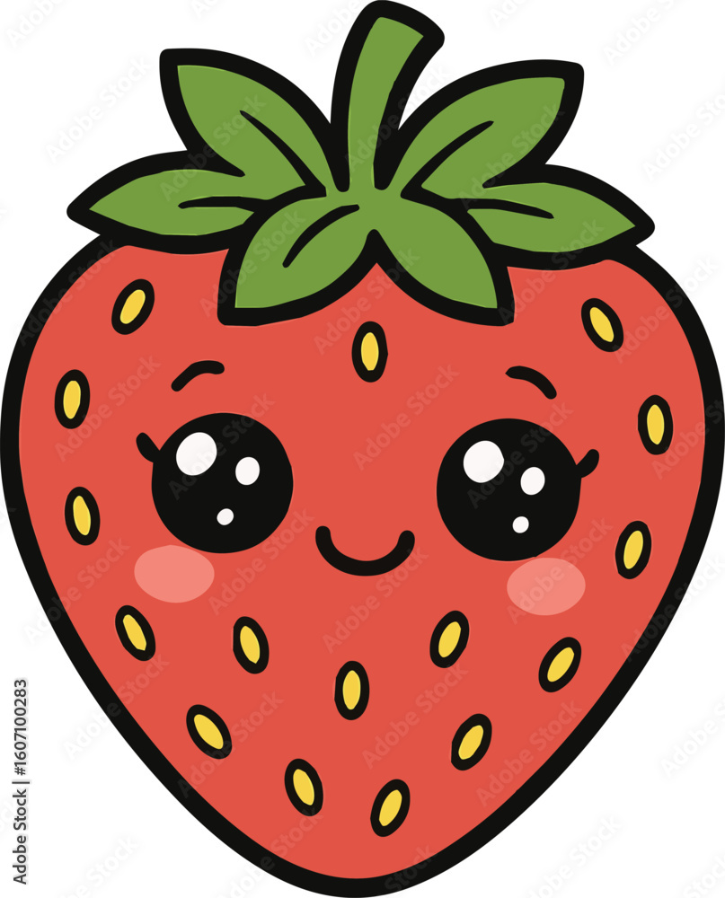 Obraz premium Cute strawberry fruit flat vector icon illustration for sticker, logo, book, t-shirt and more print or digital design