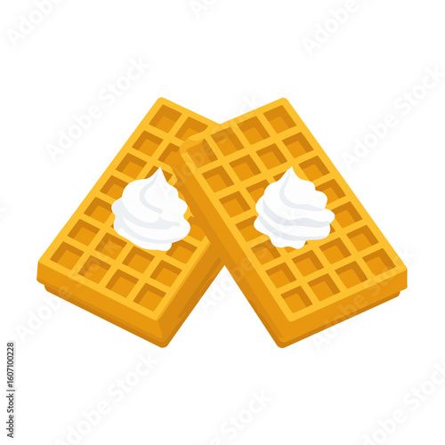 Two golden rectangular Belgian waffles with dollops of white whipped cream.