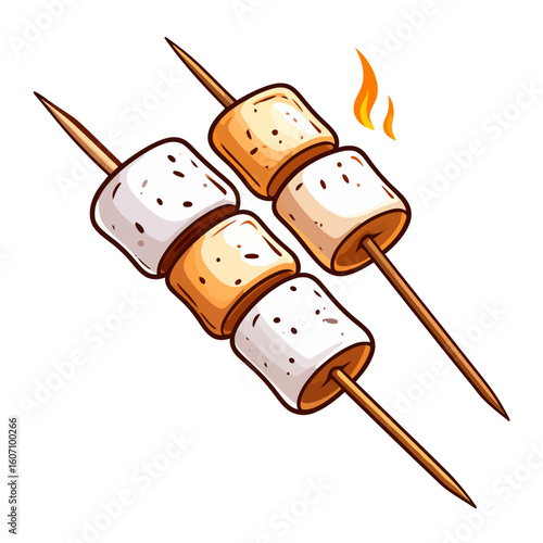 Stylized cartoon illustration of two skewers with toasted and white marshmallows being roasted.