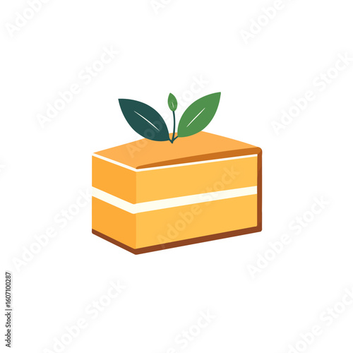 Rectangular slice of layered orange cake with cream filling and a green leaf topping.