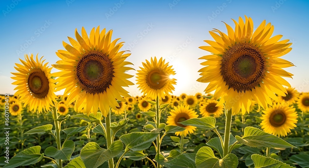 Fototapeta premium A field of sunflowers blooms under a bright blue sky