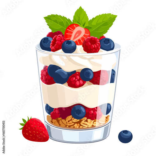 Layered berry parfait in a glass with yogurt, granola, fresh strawberries, blueberries, raspberries, and mint garnish.
