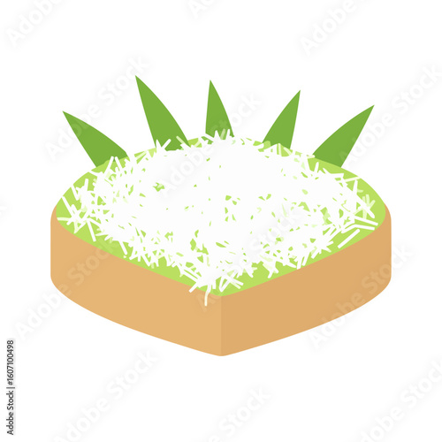 A delicious green pandan cake loaf with a generous topping of shredded coconut and pandan leaf garnish.