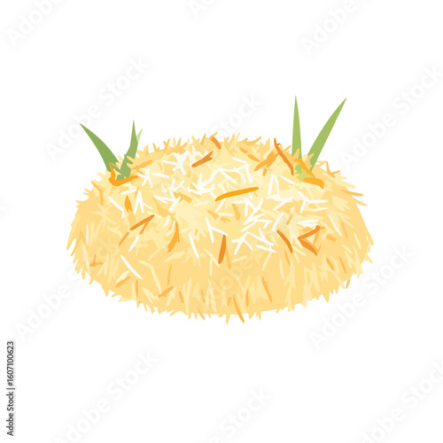 Fluffy yellow haystack illustration with mixed straw and green grass blades.