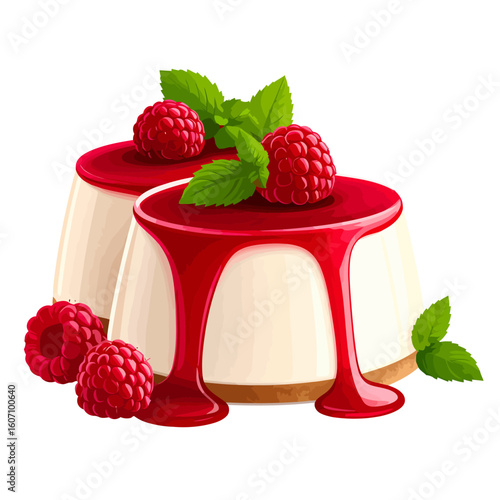 Two creamy panna cotta desserts with dripping raspberry sauce, fresh berries, and mint garnish.