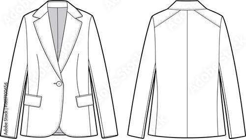 Women’s tailored blazer vector with notch collar, raglan sleeve detail, flap pockets – cad drawing flat vector illustration