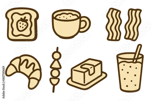 Vector breakfast icons of porridge, fruit skewer, and smoothies in hand-drawn style. Perfect for menus and packaging design.