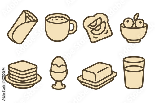 Two-tone breakfast icons with cinnamon roll, quiche, and latte cup in hand-drawn style. Perfect for cafes and brunch menus.