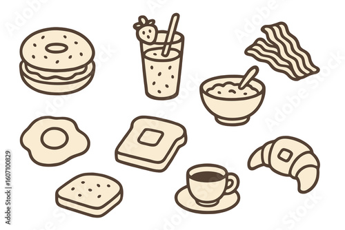 Vector breakfast icons with dark outlines and light fill featuring croissant, eggs, and french toast. Perfect for menus and food apps.