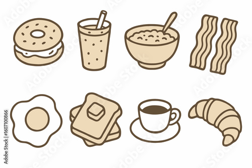 Two-tone breakfast icon set of bagel, smoothie, oatmeal, and bacon in hand-drawn style. Great for cafes and food packaging design.