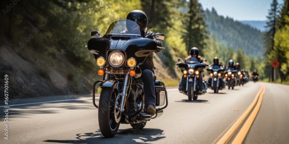 Motorcycle rally action on scenic mountain road group ride with bikers summer day vibrant nature surroundings dynamic perspective for enthusiasts Motorcycle rally action on scenic mountain road group ride with bikers summer day vibrant nature surroundings dynamic perspective for enthusiasts