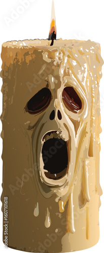 A half-burnt candle with melting wax shaped like a screaming face
