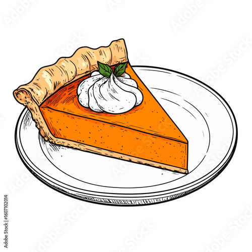Vibrant illustrated slice of pumpkin pie with whipped cream and a flaky, fluted crust, served on a white plate.