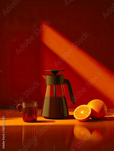 Coffee Machine with Fresh Orange Slices on Warm Toned Background