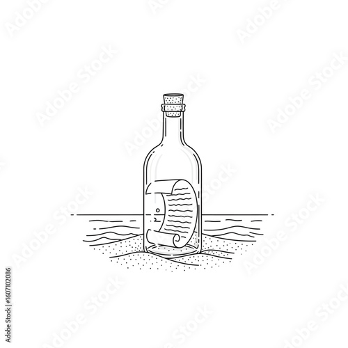 A bottle with a message inside, resting on the sand near the water's edge, depicted in a simple line drawing.
