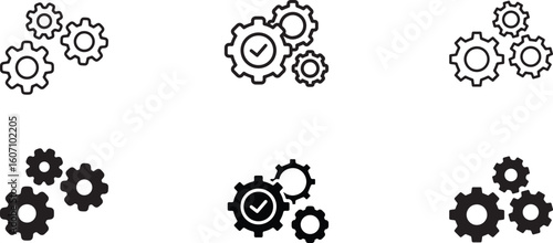 a set of gears, black and white vector icons, simple graphic design, minimalist geometric shapes, engineering schematics, mechanical components, industrial design elements