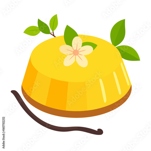 Vibrant yellow vanilla pudding illustration with a flower, green leaves, and a vanilla bean pod.