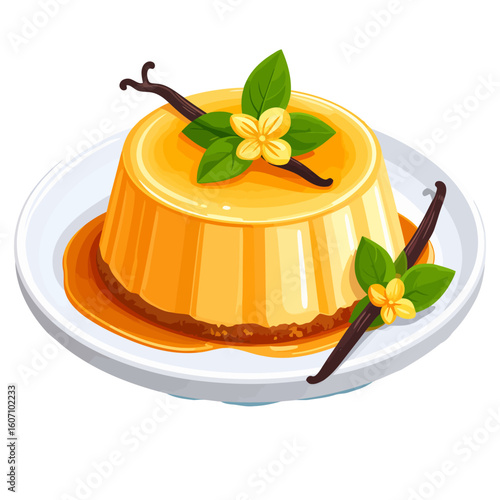 Gourmet vanilla flan dessert with rich caramel sauce and vanilla bean garnish.