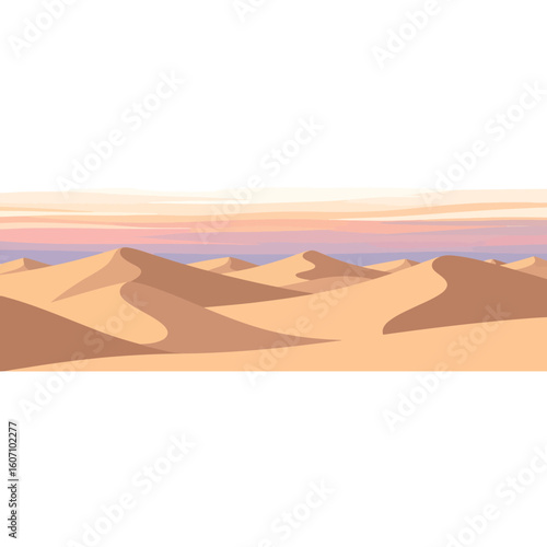 A serene desert landscape with rolling sand dunes under a pastel-colored sky at dawn or dusk.