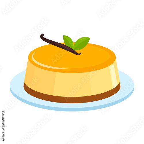 Glossy vanilla cr?me caramel flan with a caramel topping, vanilla bean, and mint leaf garnish.