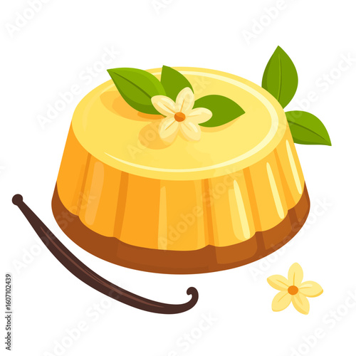 Cartoon vanilla flan dessert with a glossy finish, garnished with a vanilla flower, green leaves, and a whole bean pod.