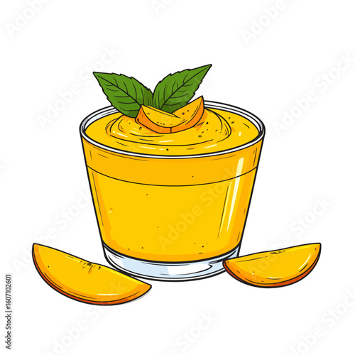 Hand-drawn mango smoothie in a glass, garnished with fresh mint leaves and fruit slices, with a thick, creamy texture.