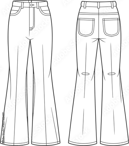 Women’s flared jeans fashion flat sketch with topstitched yoke, belt loops, and rounded pockets – technical vector CAD drawing