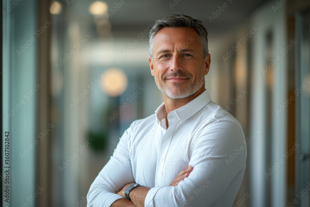 Obraz premium Professional business man posing confidently in modern office environment business portrait photography contemporary workspace focused leadership