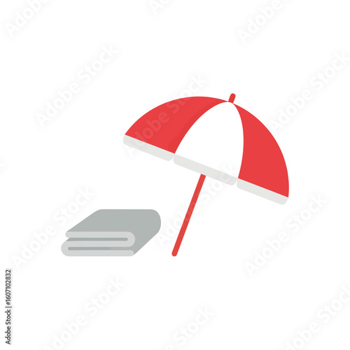 Red and white beach umbrella and folded towel, summer vacation essentials.