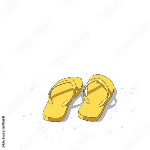 A pair of bright yellow flip-flops rests on white sand, suggesting a beach vacation.
