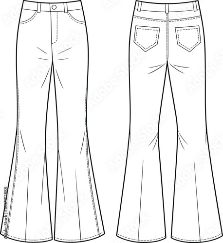 Women’s flared jeans vector sketch with front pleats, back yoke, belt loops, and pockets – fashion flat cad drawing
