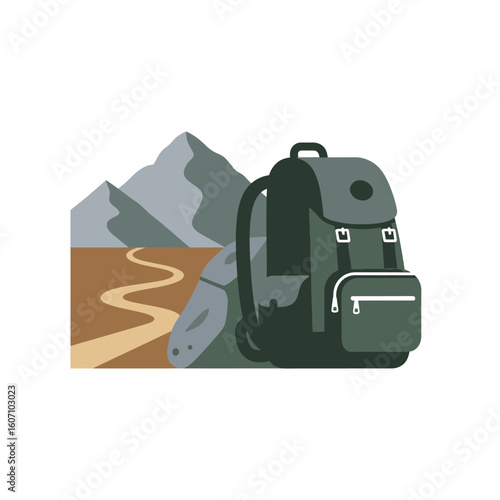 A sturdy backpack rests near a winding mountain trail, ready for an adventurous hike.