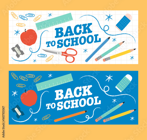 Set of 2 Vector Back to School Banners – Ruler, Eraser, Pencils, Pen, Scissors, Paper Clips, Pencil Sharpener