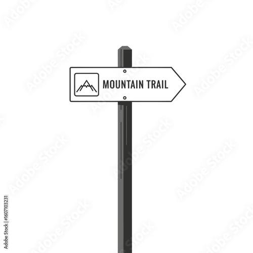 Simple black and white directional signpost indicating the Mountain Trail.