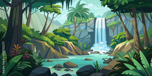 Enchanting jungle waterfall scene with lush greenery creating a serene, peaceful escape for meditation and reflection