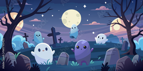 Spooky cute ghosts in graveyard under full moon, perfect Halloween theme for children or family fun
