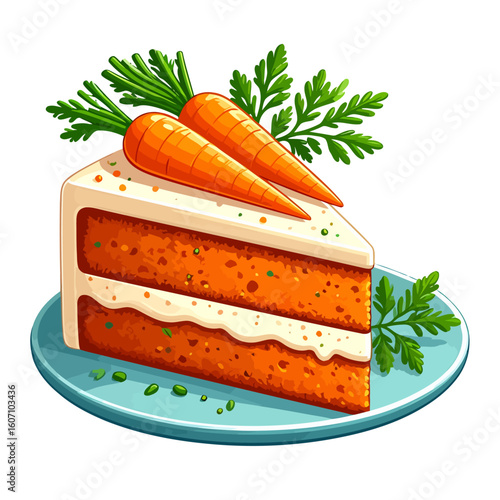Illustrated slice of two-layer carrot cake with cream cheese frosting and fresh carrot garnish.