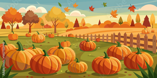 Beautiful autumn pumpkin patch scene with falling leaves ready for fall harvest season fun and festive celebrations