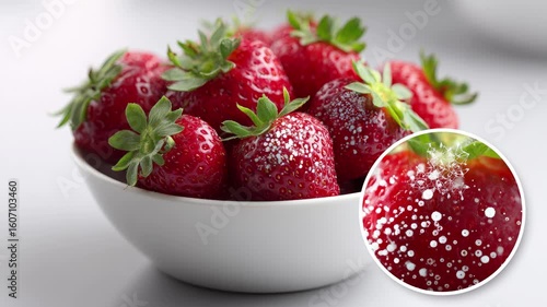 Fresh strawberries in a bowl on a white background, with a highlighted zoom showing pesticide residue and harmful microbes on the fruit surface, concept of unwashed produce contamination