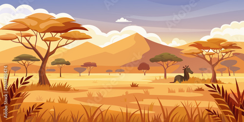 Serene African savannah landscape with giraffe and vibrant trees in warm sunset light, inviting adventure