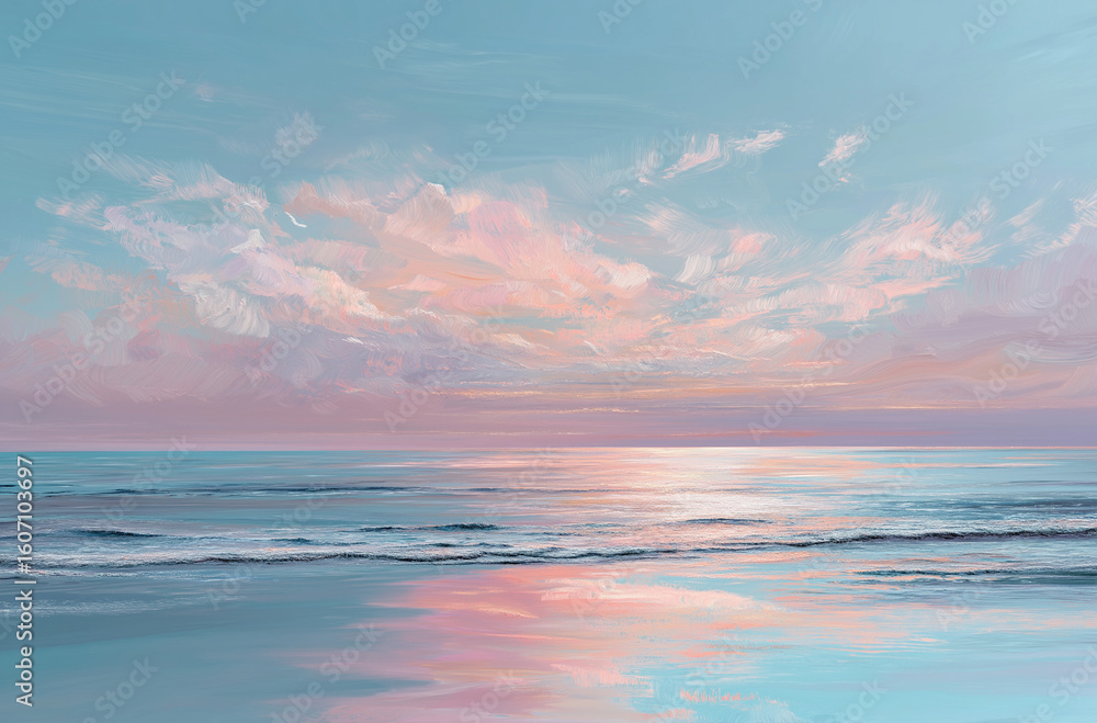 Fototapeta premium A serene seascape featuring pastel skies and calm water reflections